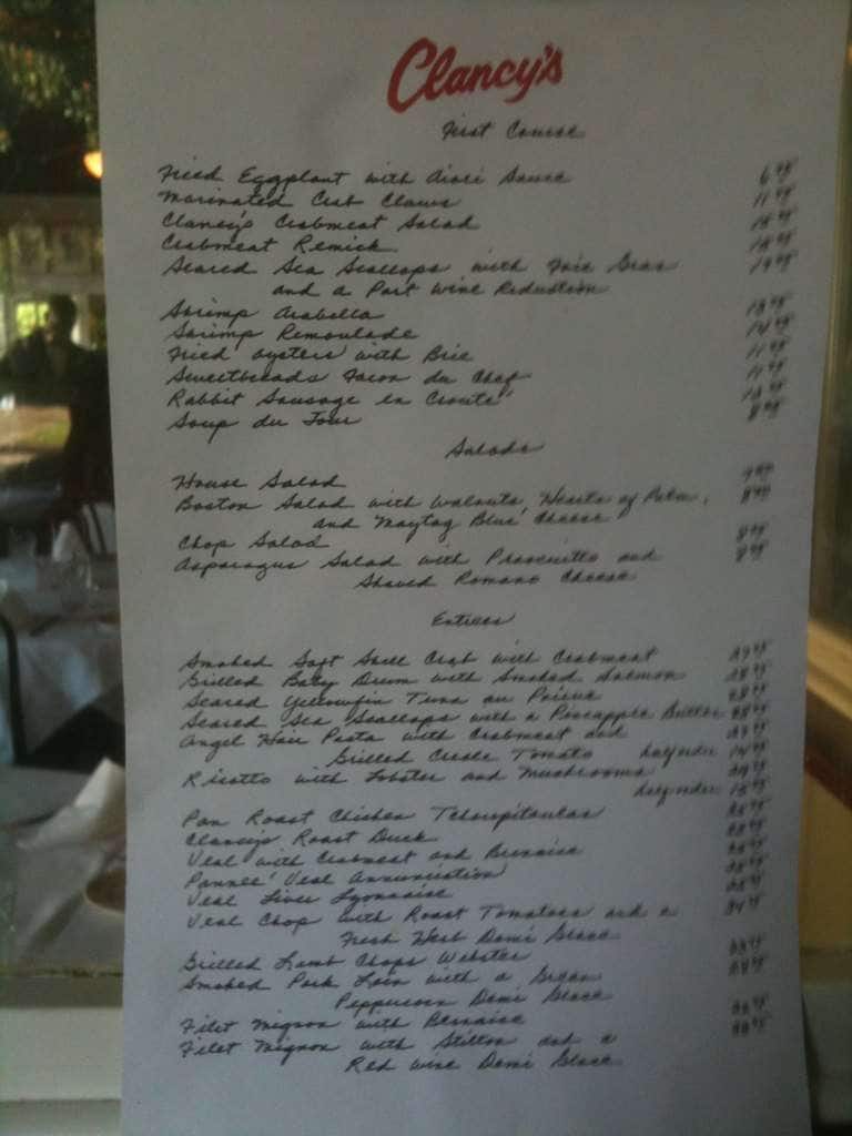 Clancy's Restaurant Menu, Menu for Clancy's Restaurant, Uptown, New