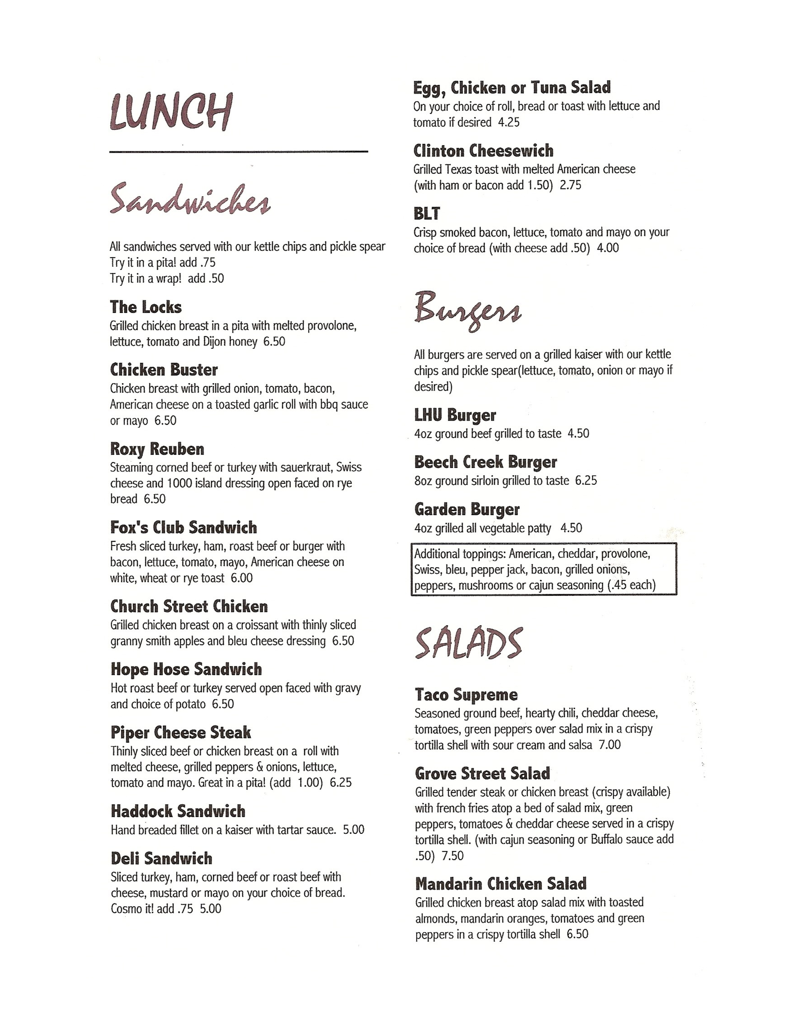 Menu at Fox's Market House Restaurant, Lock Haven