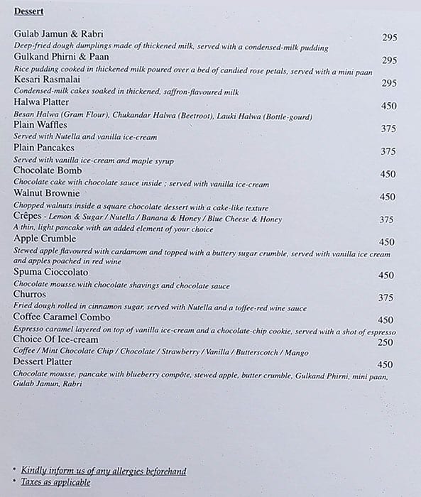 Menu at Jagat Niwas Palace Hotel, Udaipur