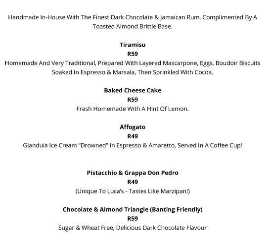 Menu de Luca's Ristorante Italiano