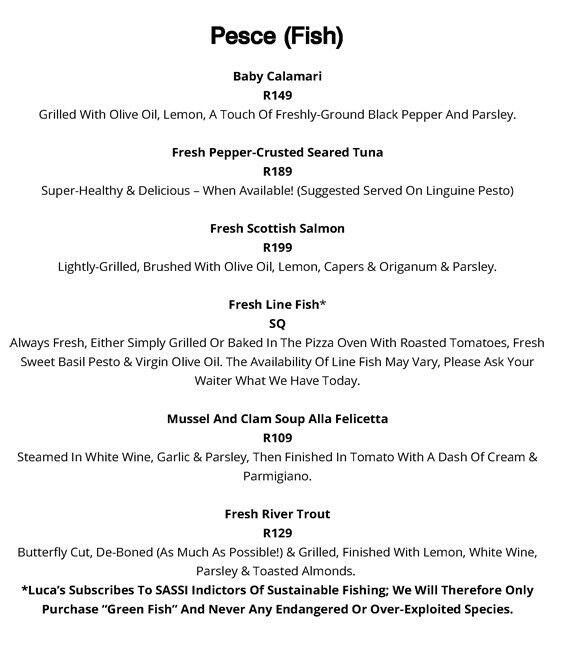 Menu de Luca's Ristorante Italiano