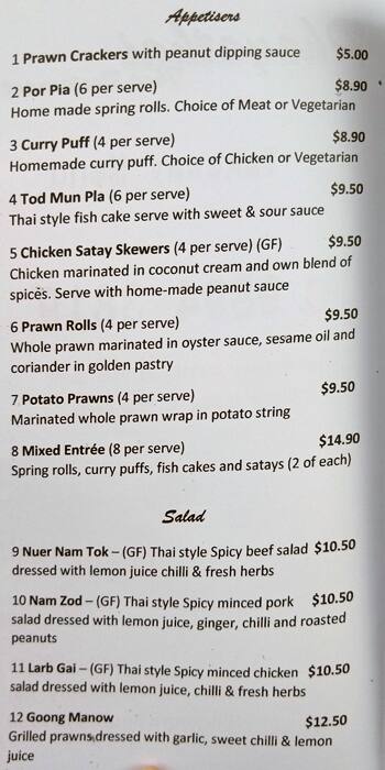 Menu at Phayathai Thai Restaurant, Blackburn South