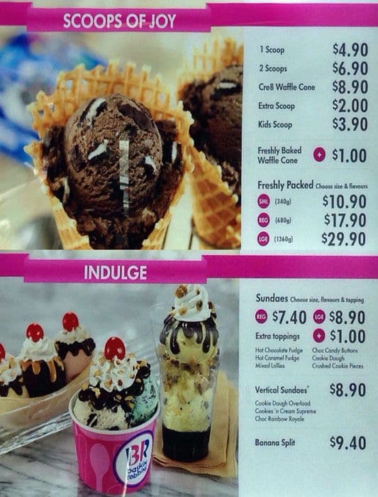 Baskin Robbins Menu, Menu for Baskin Robbins, Camberwell, Melbourne