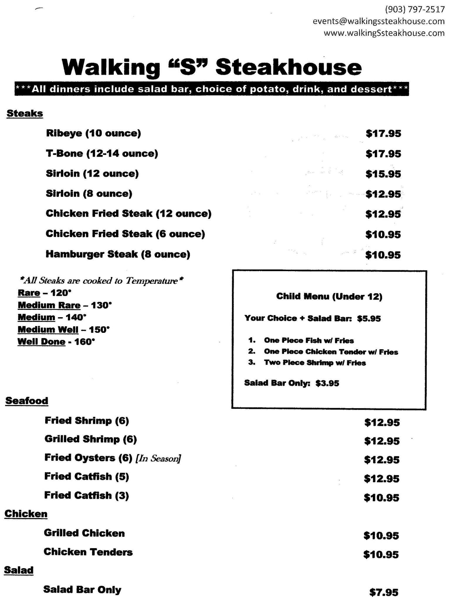 Menu at Walking 's' Steakhouse, Gilmer