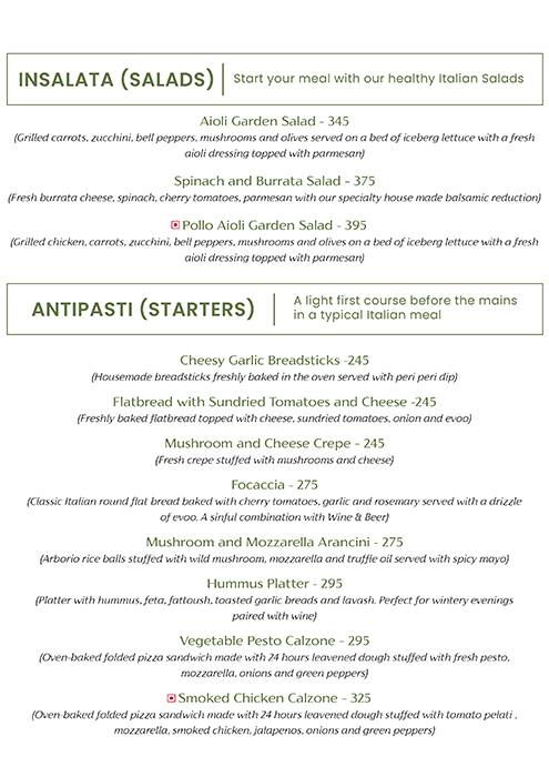 Menu of Coco Osteria, Ballupur, Dehradun