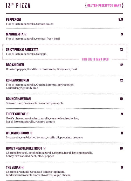 Menu at Bounce Farringdon pub & bar, London, 121 Holborn