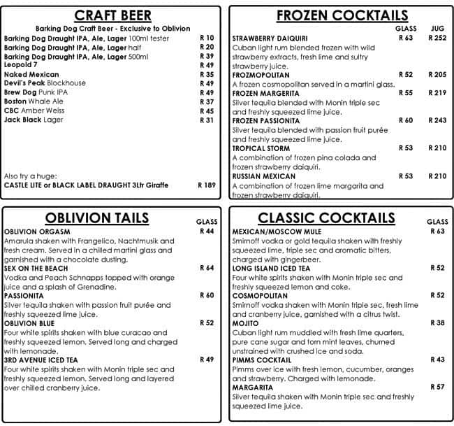 Oblivion Menu, Menu for Oblivion, Claremont, Cape Town Zomato SA