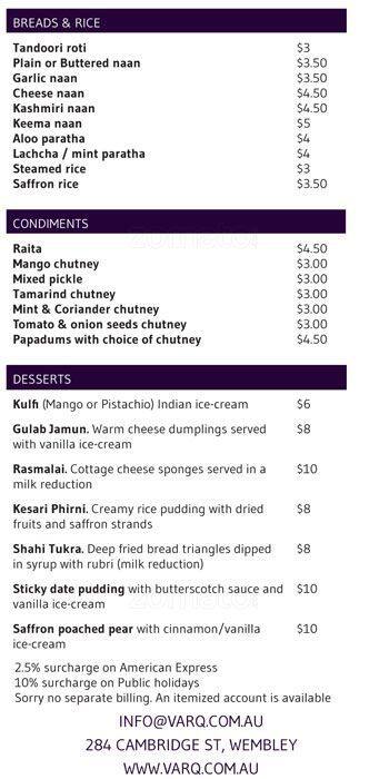 Varq Indian Kitchen menu