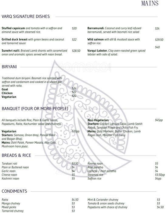 Varq Indian Kitchen menu