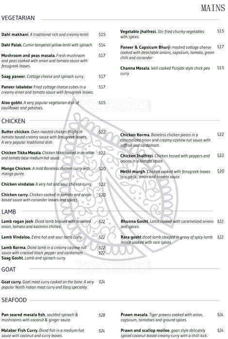 Varq Indian Kitchen menu