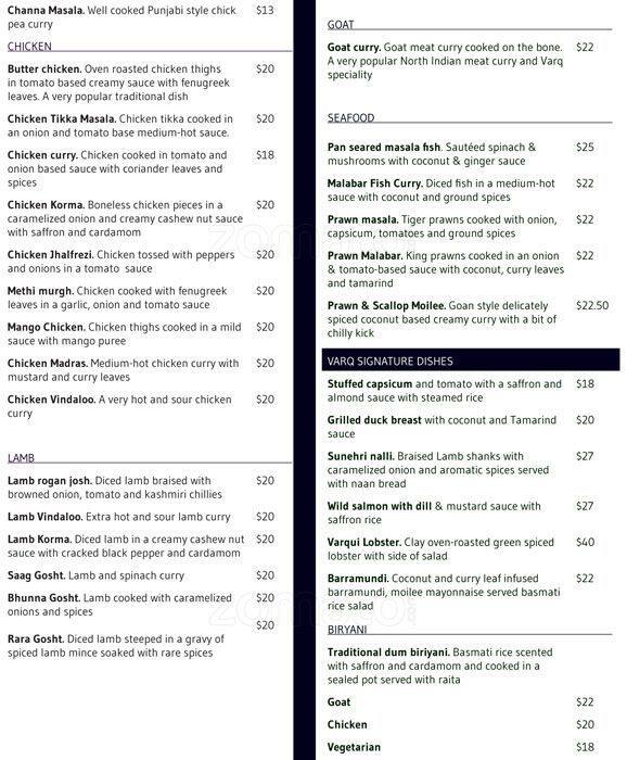 Varq Indian Kitchen menu