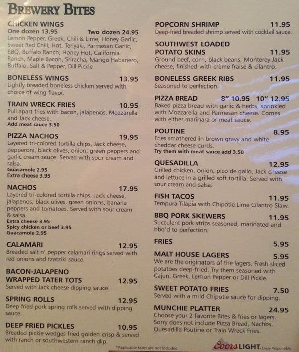 Menu at Barley Mill Brew Pub, Regina