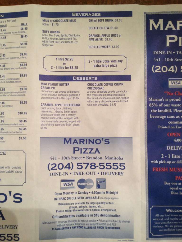 Carta de pizzería Marino's Pizza, Brandon