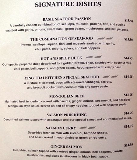 Carta de Ying Thai Kitchen