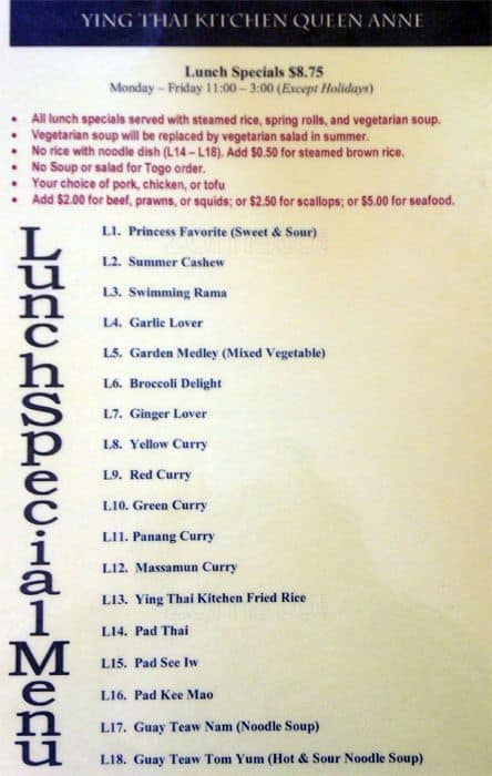 Ying Thai Kitchen Menu Menu For Ying Thai Kitchen Queen Anne