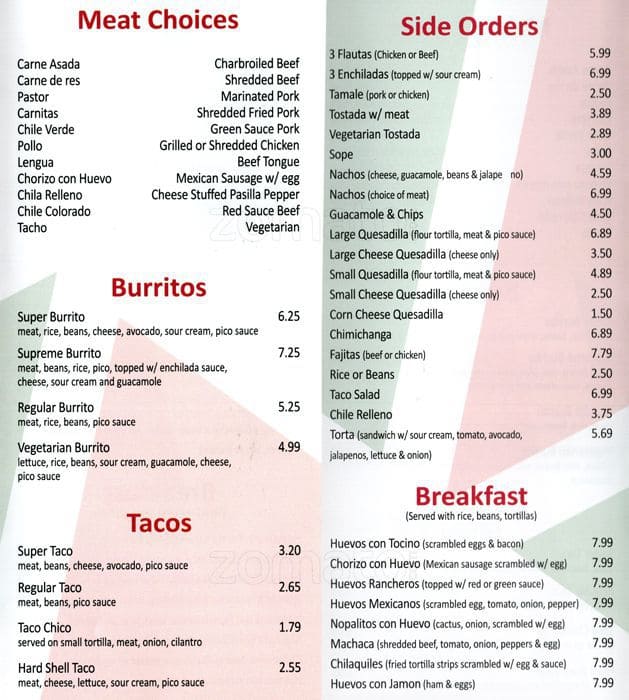 Menu at Tacos al Pastor restaurant, San Jose, 428 Toyon Ave