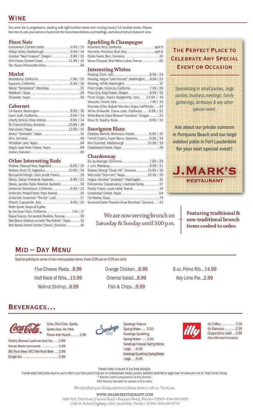 Menu at J.Mark's Restaurant, Fort Lauderdale