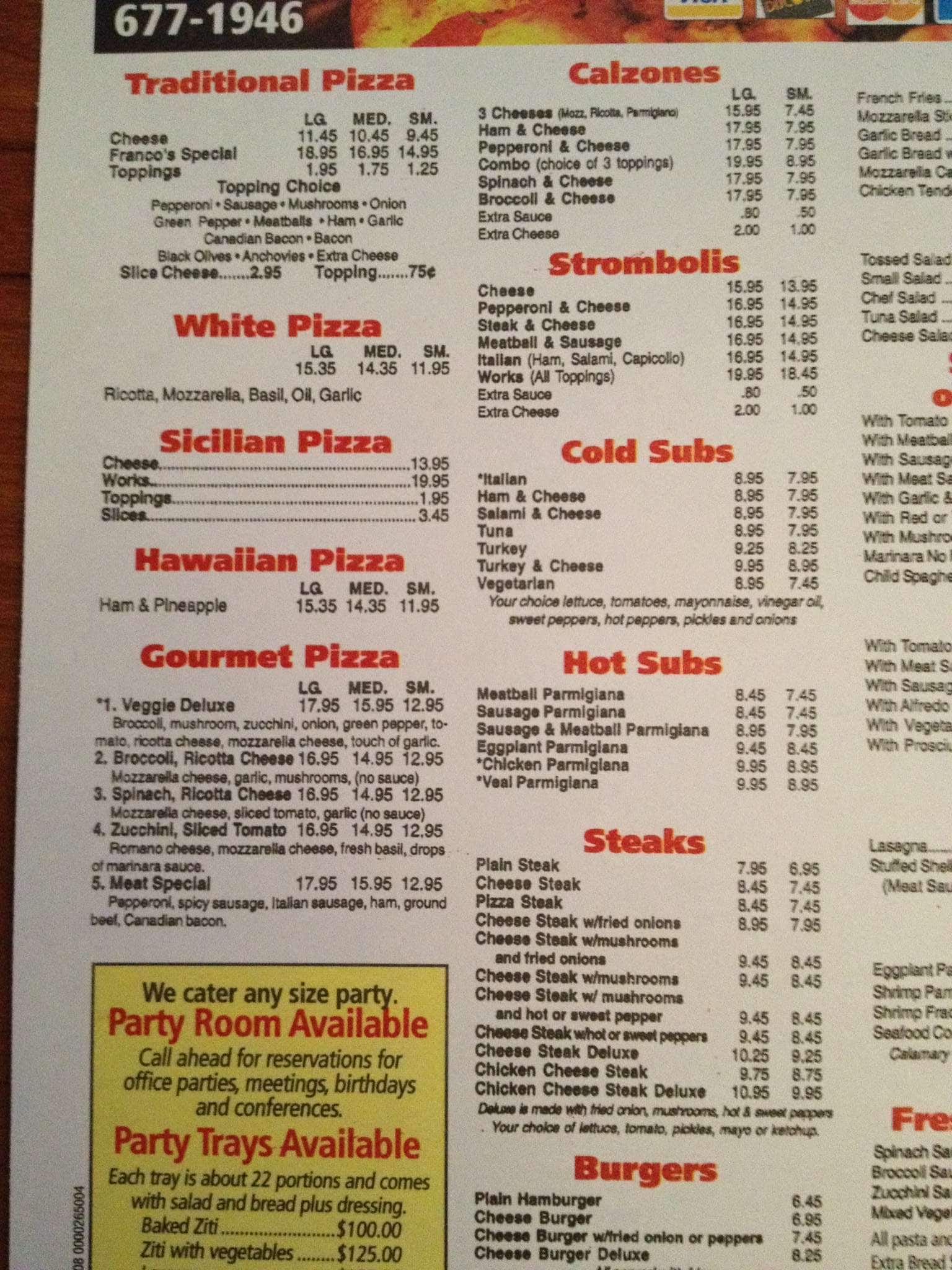 Menu at Franco's Pizza & Pasta pizzeria, Dover