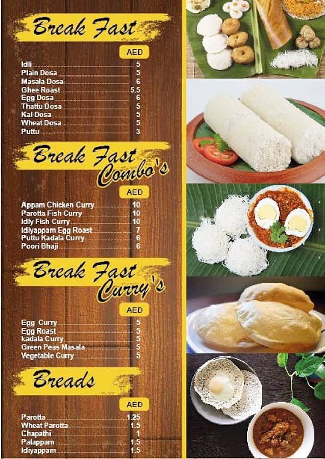 Menu of Thrissur Thattukada Cafeteria, Mussafah Shabiya, Abu Dhabi
