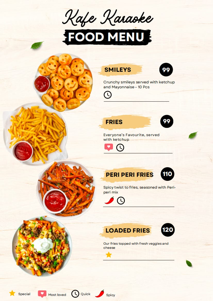 Menu of Kafe Karaoke, JP Nagar, Bangalore