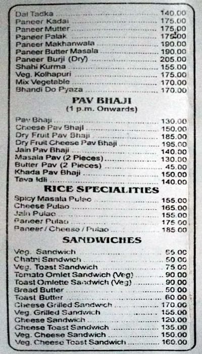 Shobha Refreshment menu