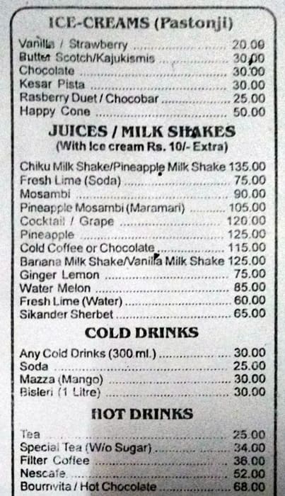 Shobha Refreshment menu