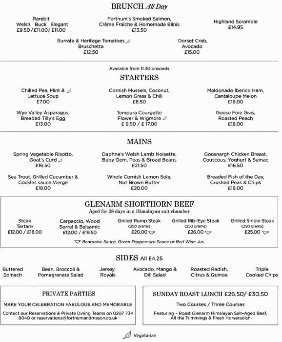 Menu at The Gallery at Fortnum & Mason restaurant, London