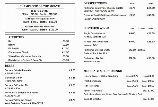 Menu at The Gallery at Fortnum & Mason restaurant, London