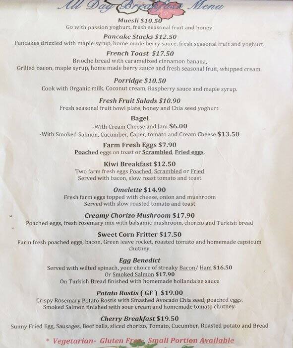 Cherry Cafe menu, Menu restauracji Cherry Cafe, Gulf Harbour, Auckland