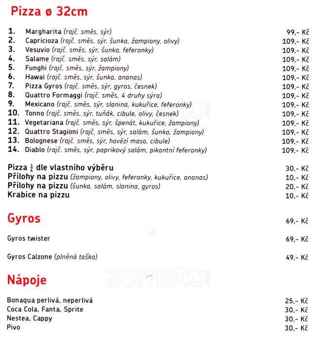 Menu at Pizza&Gyros pizzeria, Prague, Vršovická 32