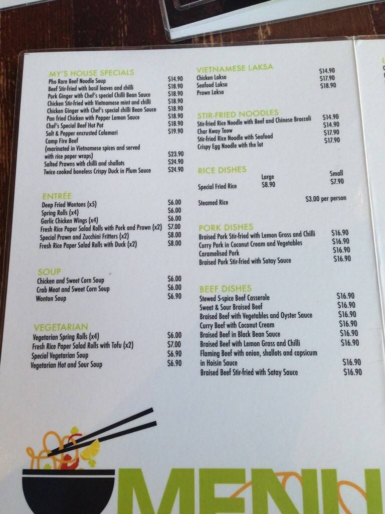 Menu at My's restaurant, Weston