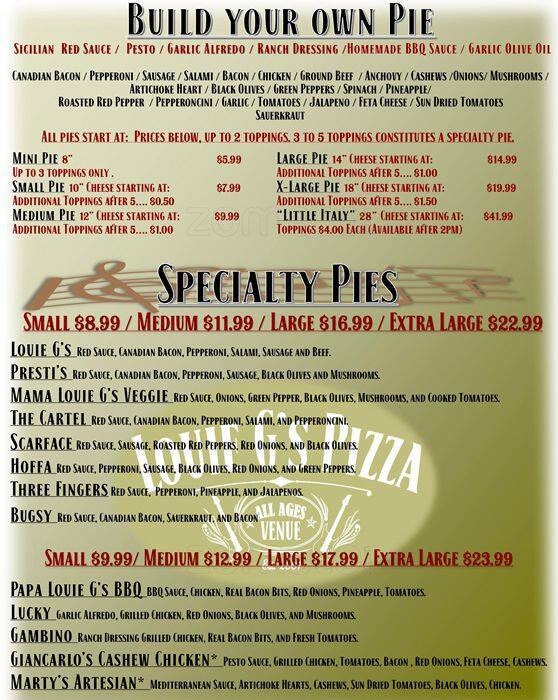 Menu at Louie G's Pizza pizzeria, Fife