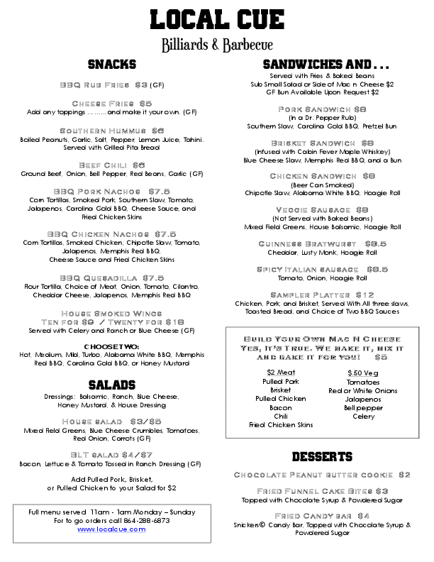 Local Cue Menü, Local Cue, Greenville, Greenville için Menü