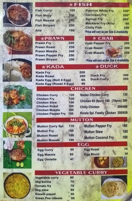 Kerela Hotels menu