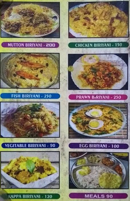 Kerela Hotels menu