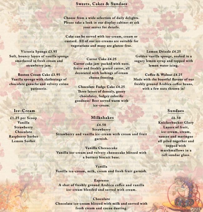 Menu at Richmond Tea Room desserts, Manchester