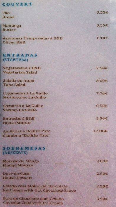 Menu At B&B Restaurant, Cascais