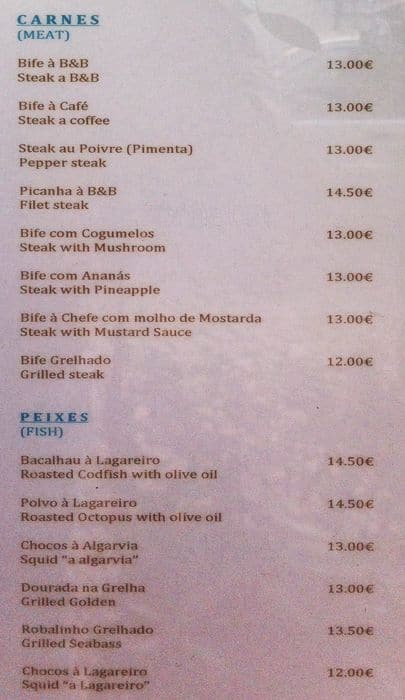 Menu At B&B Restaurant, Cascais