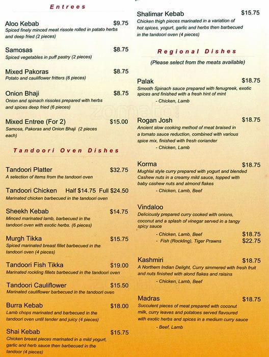 Shalimar Indian Restaurant Menu - Urbanspoon/Zomato