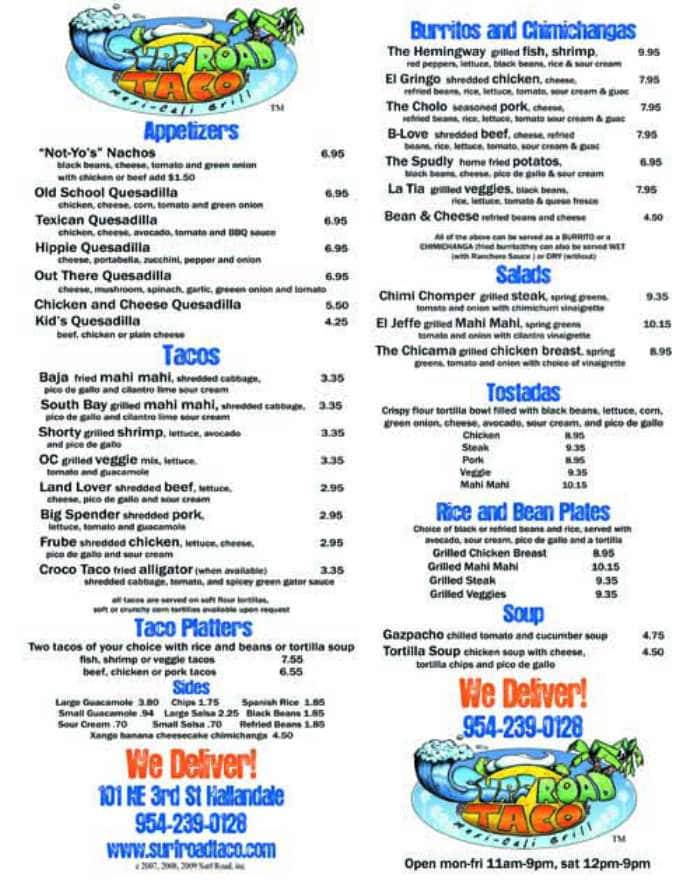 Surf Road Taco Menu, Menu for Surf Road Taco, Hollywood/Hallandale