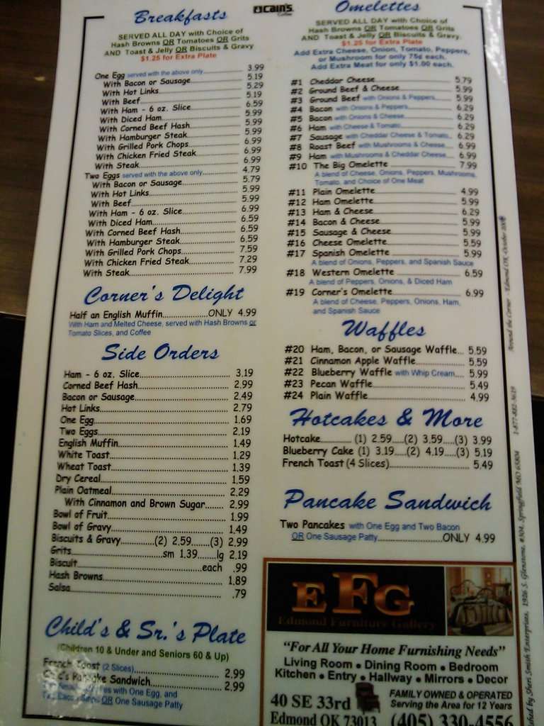 Around the Corner Menu, Menu for Around the Corner, Original Edmond