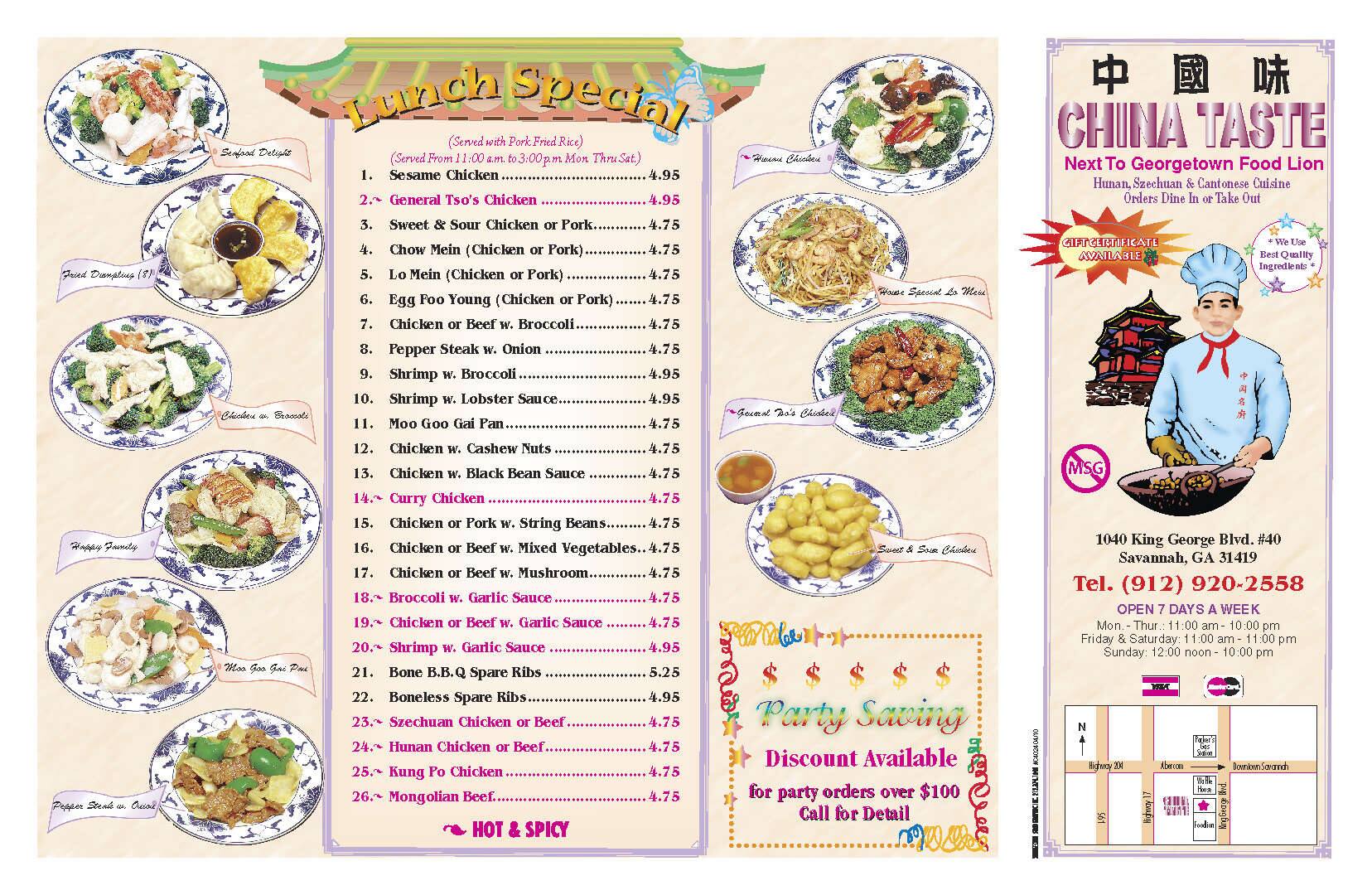 Online Menu Of China Taste Restaurant Savannah Georgia 31406