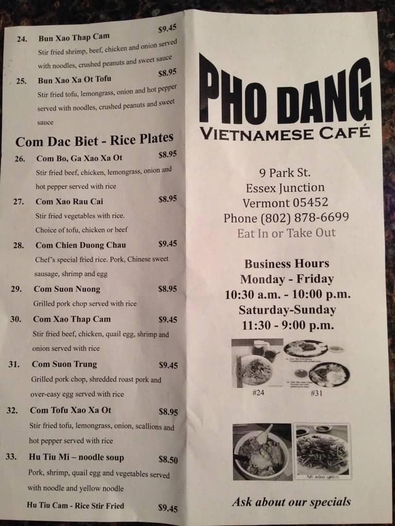 Menu at Pho Vietnam restaurant, Essex