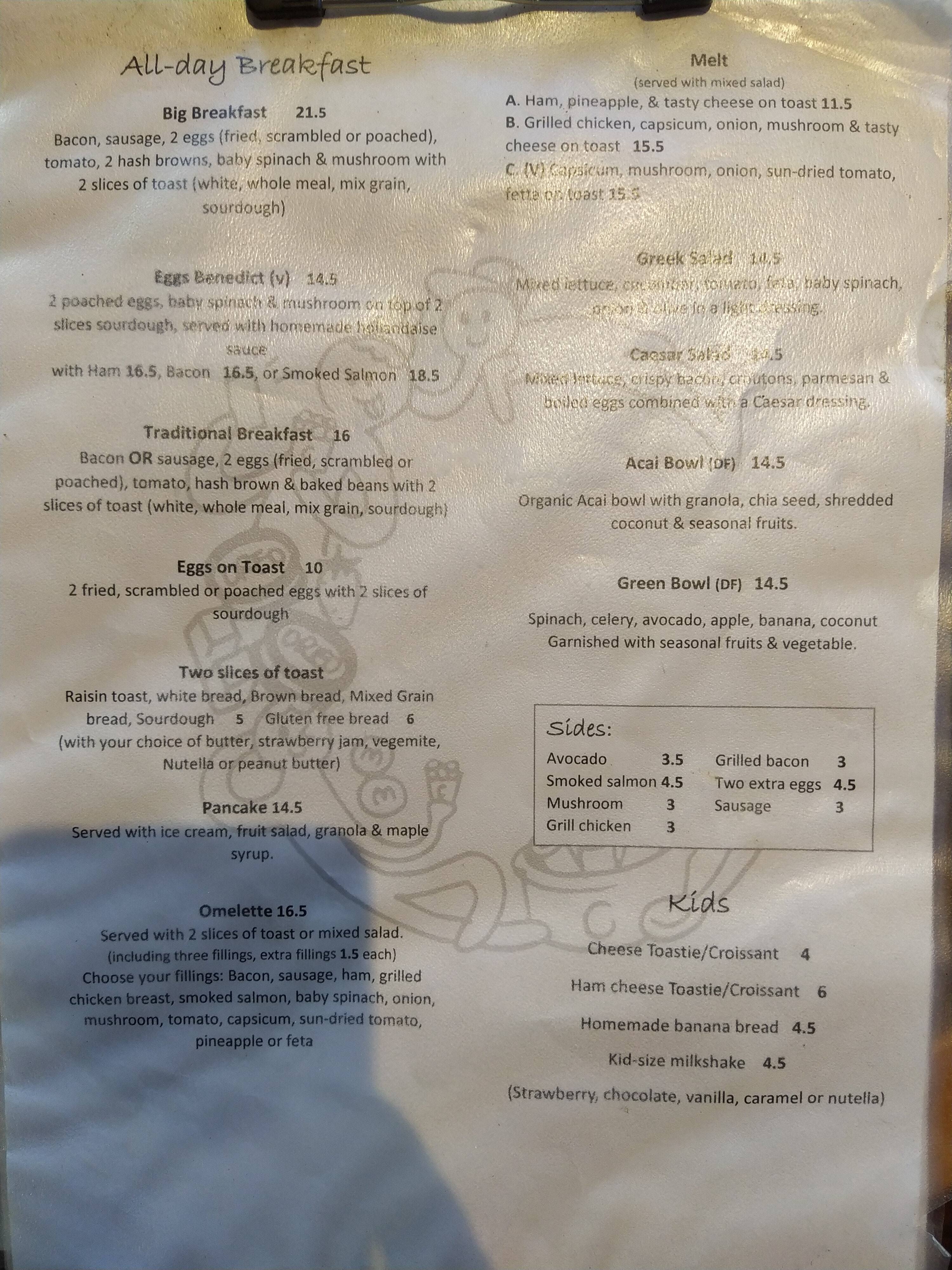 Menu at Chim Cham Cafe, Camperdown