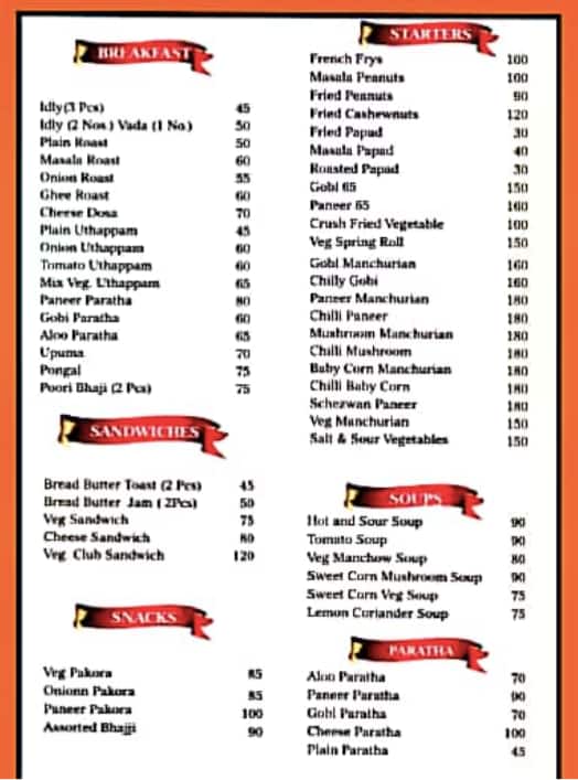 Menu at Adarsh Veg Kitchen, Ooty