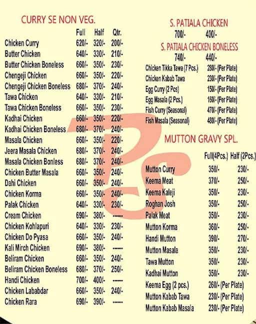Patiala Shahi menu