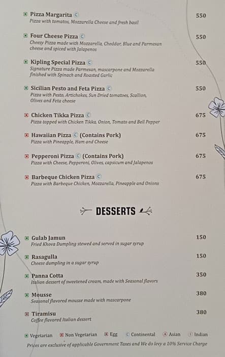 Kipling Cafe menu