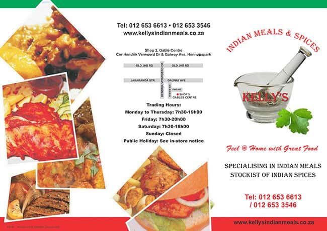 Menu at Kelly's North Indian Meals restaurant, Centurion