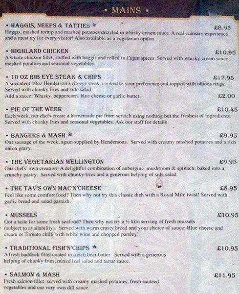 Menu at Royal Mile Tavern pub & bar, Edinburgh