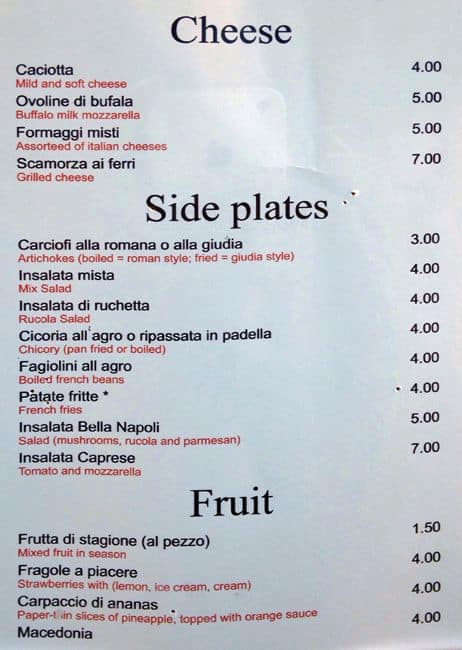 Menu di Bella Napoli 